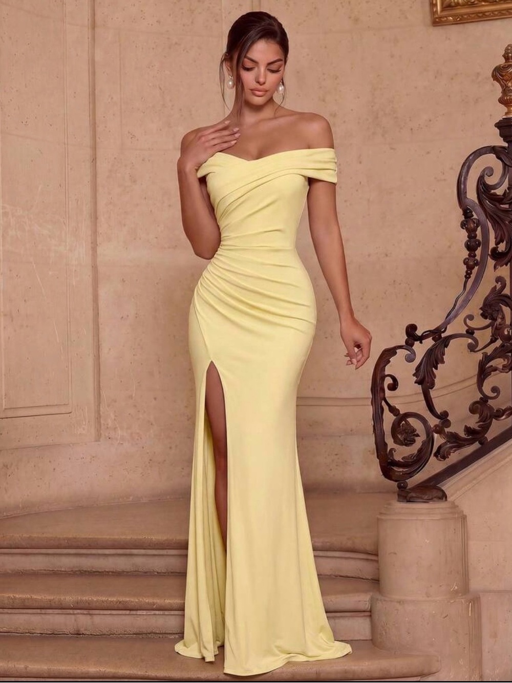 Off-Shoulder Yellow Evening Gown with Front Slit